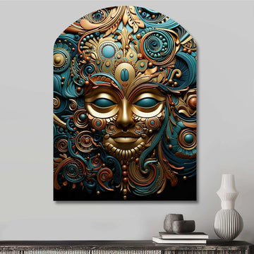 Gold Teal Mexico Vibrant Aztec Mask II - Asymmetric Metal Wall Art
